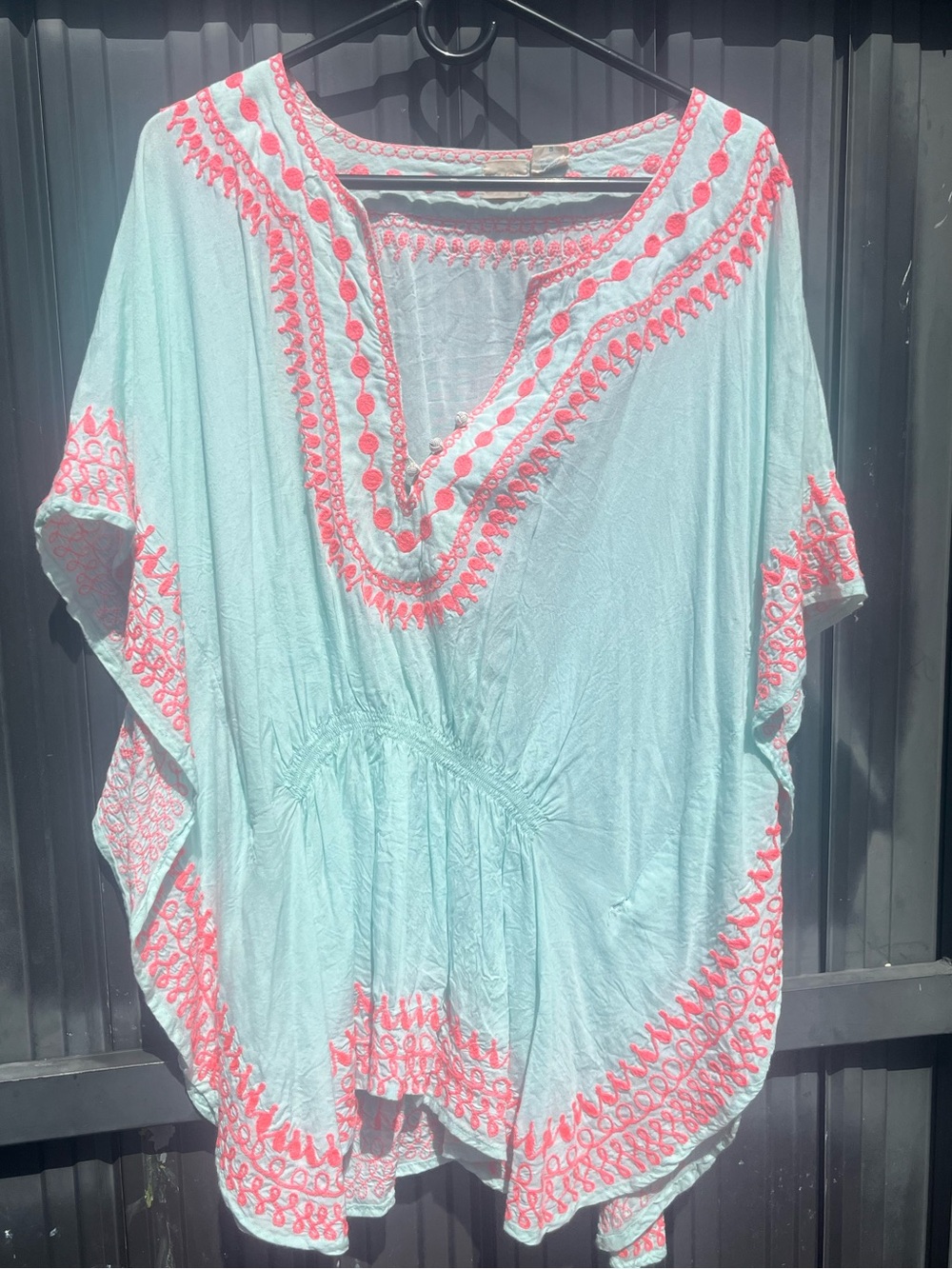 Surf Gypsy Aqua V-neck Tunic with Coral Embroidery Summer Beach Vacation Sz S